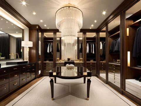 A glamorous dressing room with a spacious walk-in closet, mirrored walls, and a vanity area fit for a celebrity.