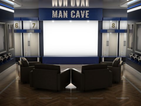 A dramatically lit interior of a soccer themed man cave with sports memorabilia, lockers and large television screen surrounded by sofas - 3D render